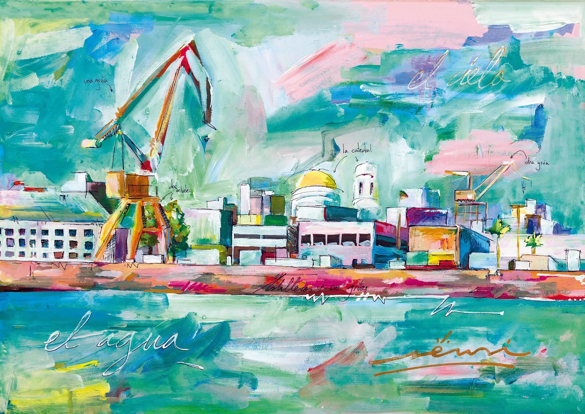 Pintura contemporánea sobre la dicotomía entre industria y turismo en la ciudad, proyecto SENSI