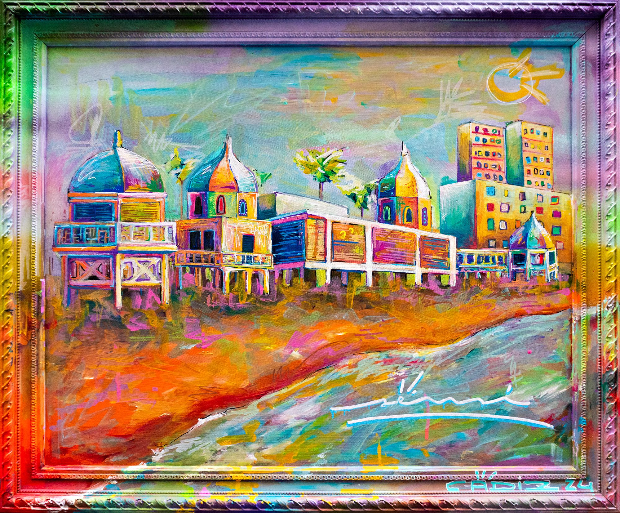 Pintura contemporánea de La Caleta de Cádiz con referencias cromáticas ochenteras, arquitectura como signo en el proyecto SENSI