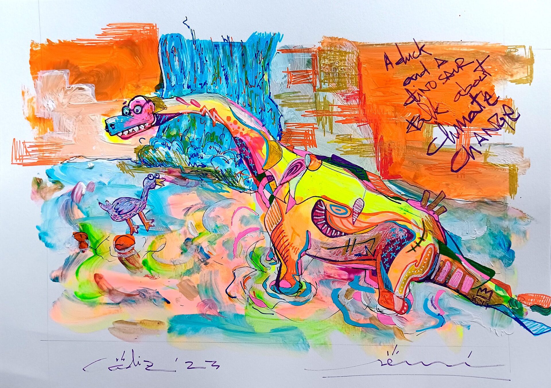 Ilustración contemporánea sobre el cambio climático con personajes simbólicos, obra en papel del proyecto SENSI