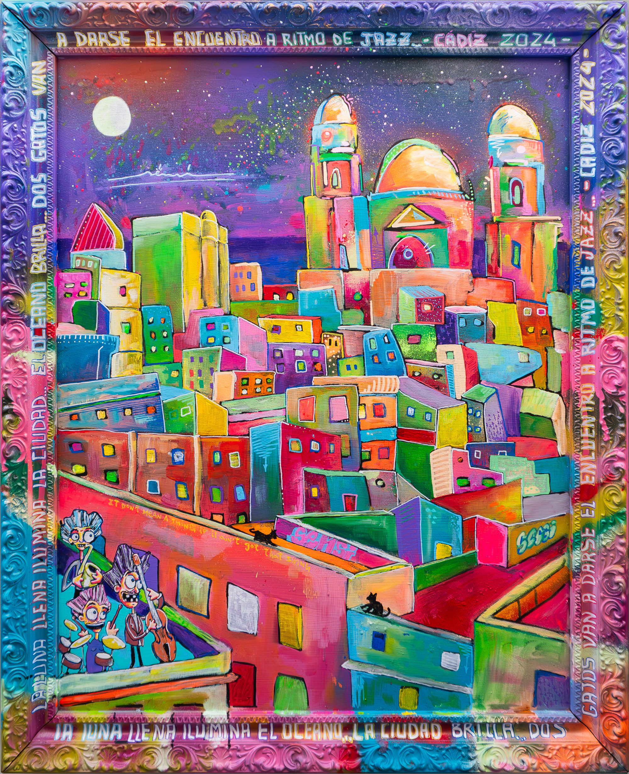 Escena nocturna de Cádiz con jazz y luna llena, personajes y azoteas en pintura contemporánea del proyecto SENSI