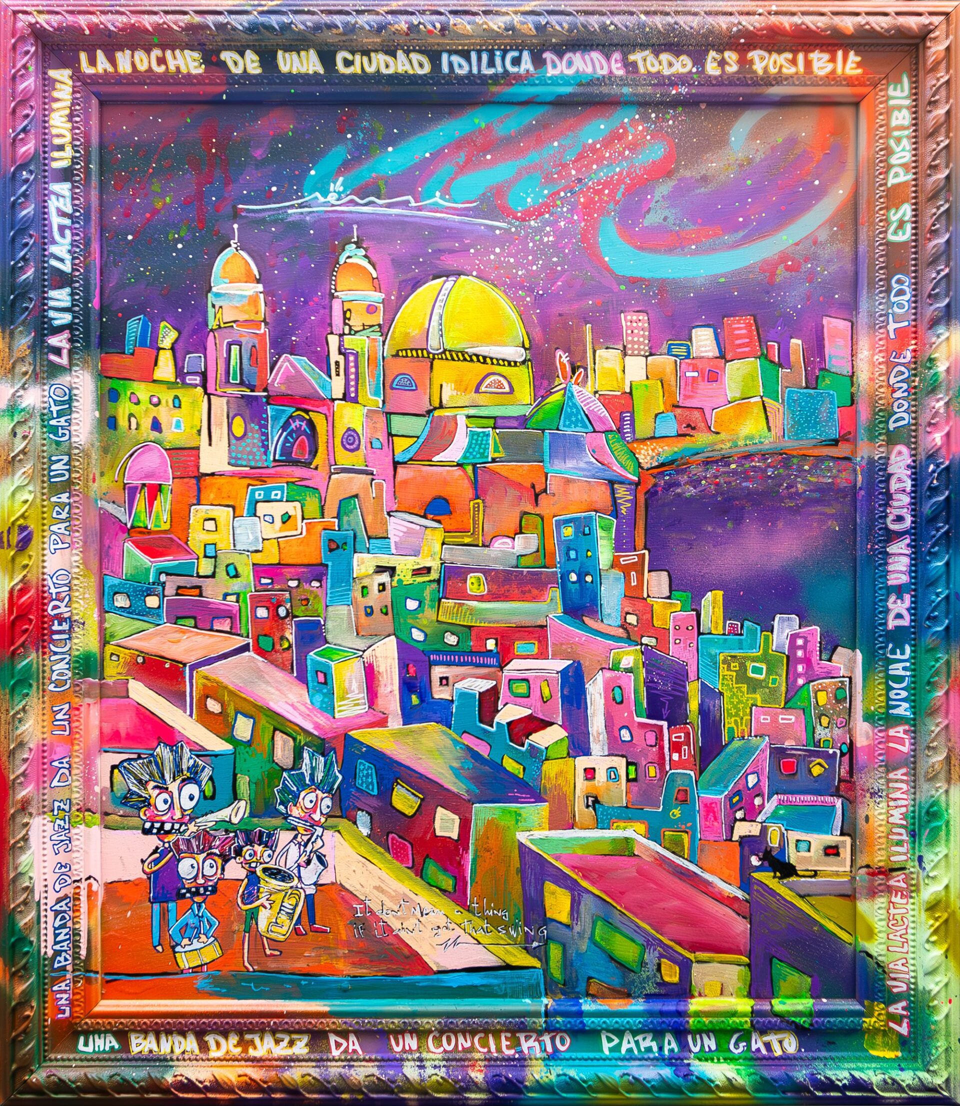 Escena urbana nocturna del Festival de Jazz de Cádiz en pintura contemporánea, proyecto SENSI