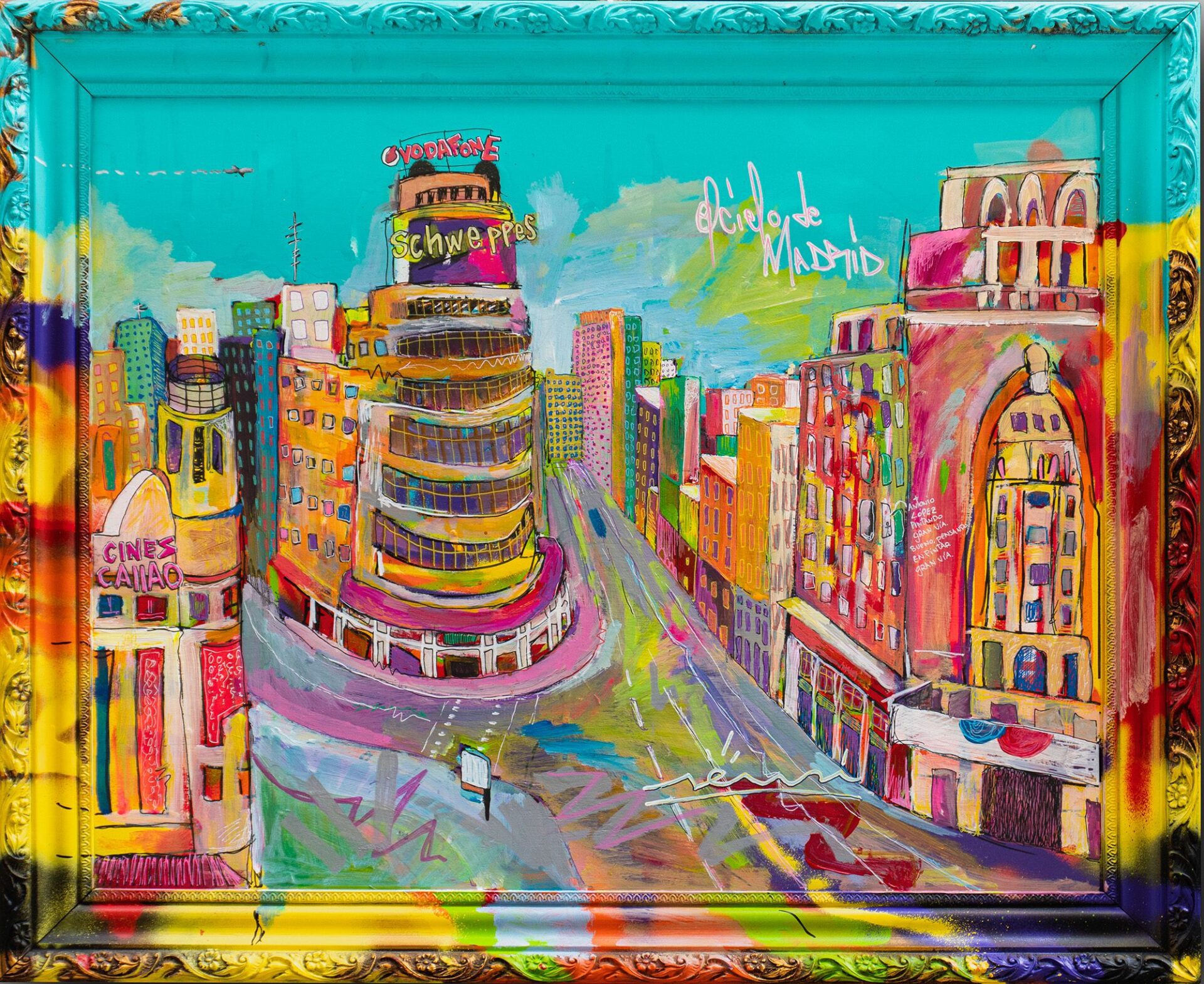 Escena urbana de Madrid con referencias culturales y publicitarias, pintura contemporánea del proyecto SENSI