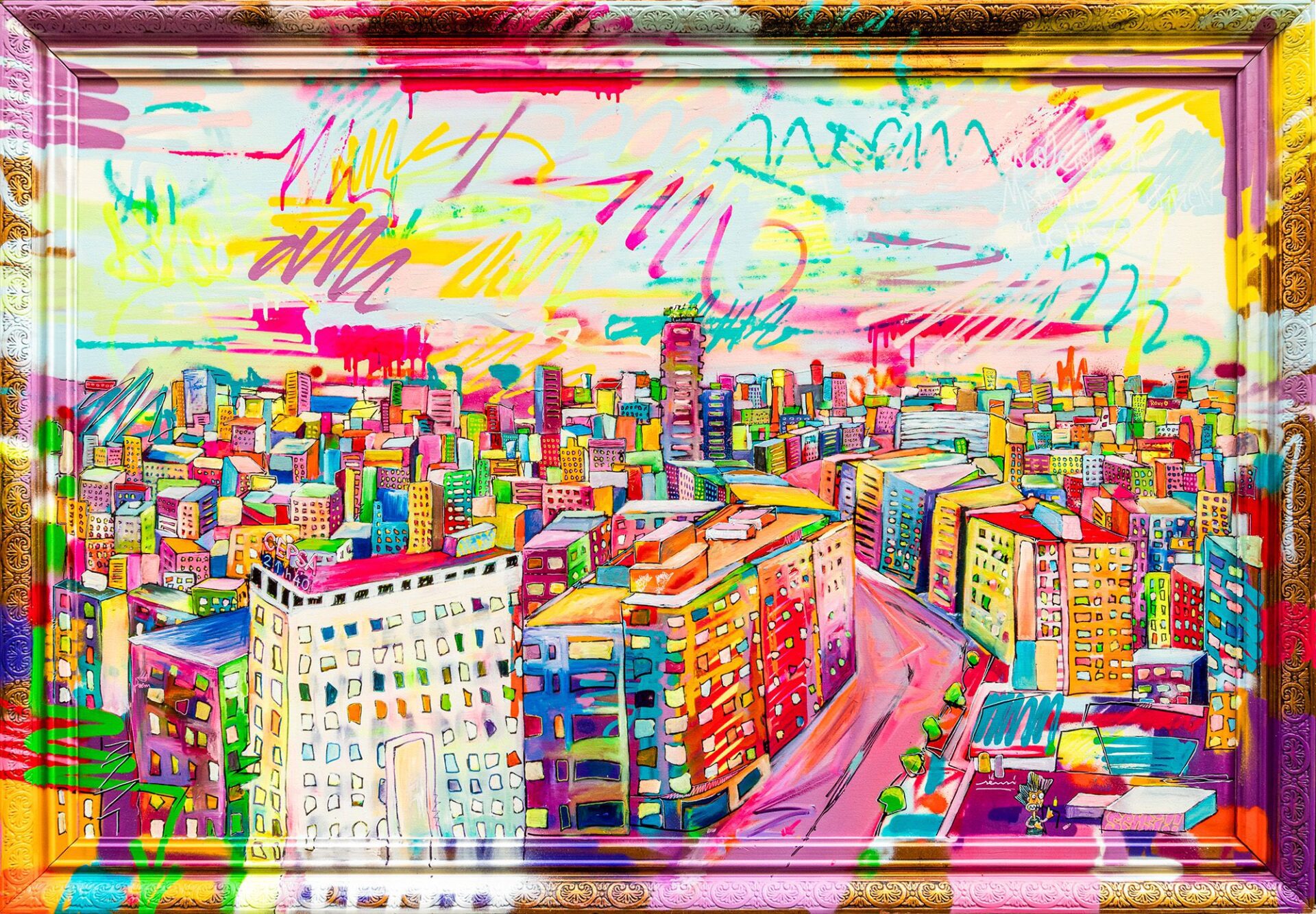 Vista urbana de Madrid desde Torres Blancas con referencia económica, pintura contemporánea del proyecto SENSI