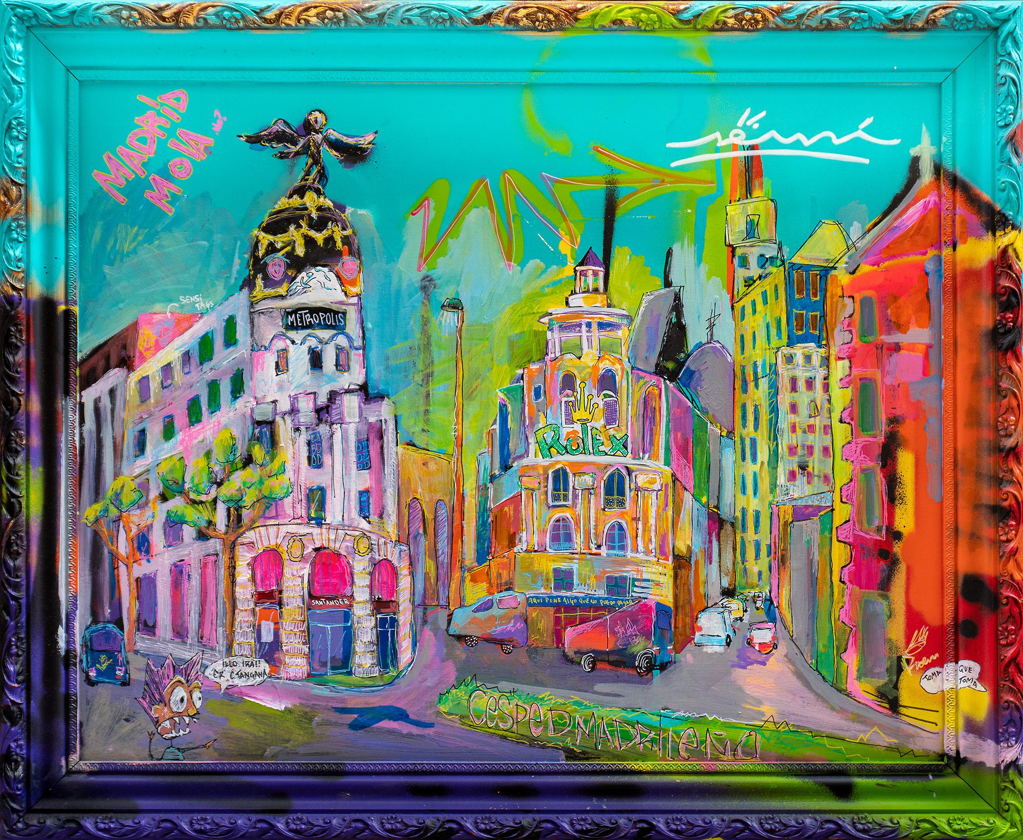 Pintura contemporánea del edificio Metrópolis de Madrid con símbolos del lujo y el consumo, proyecto SENSI