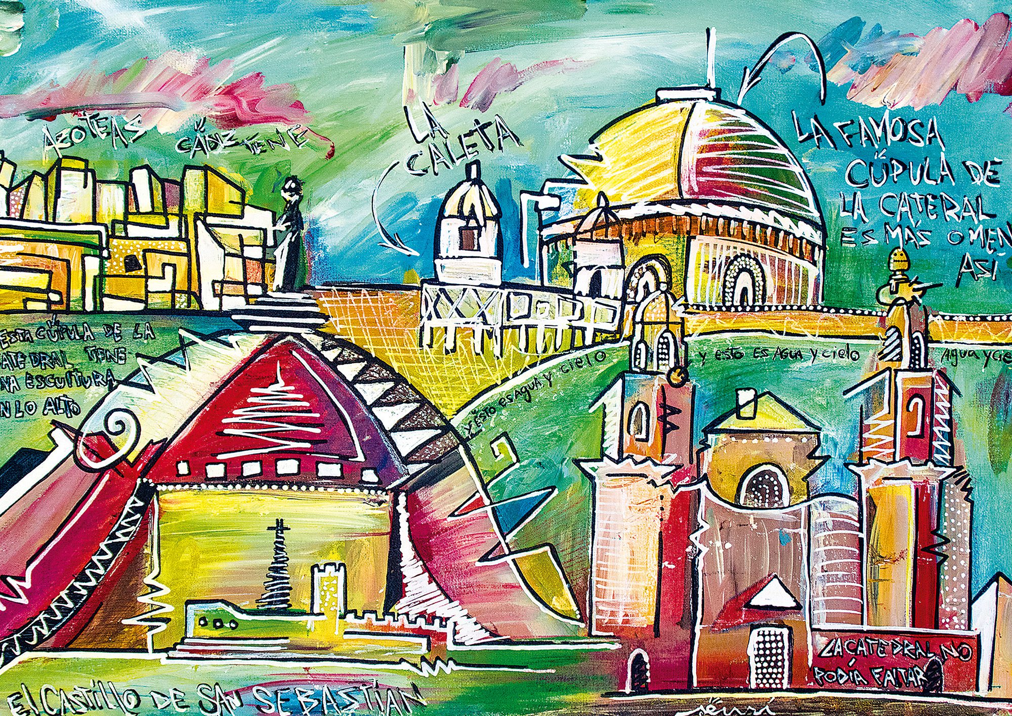 Mapa pictórico de Cádiz como interpretación urbana y simbólica, pintura contemporánea del proyecto SENSI