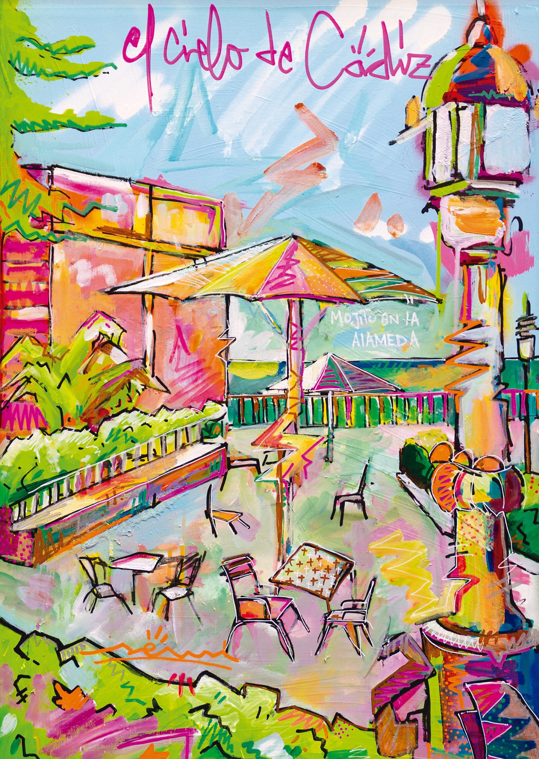 > Escena festiva en la Alameda de Cádiz con atmósfera urbana, pintura contemporánea del proyecto SENSI