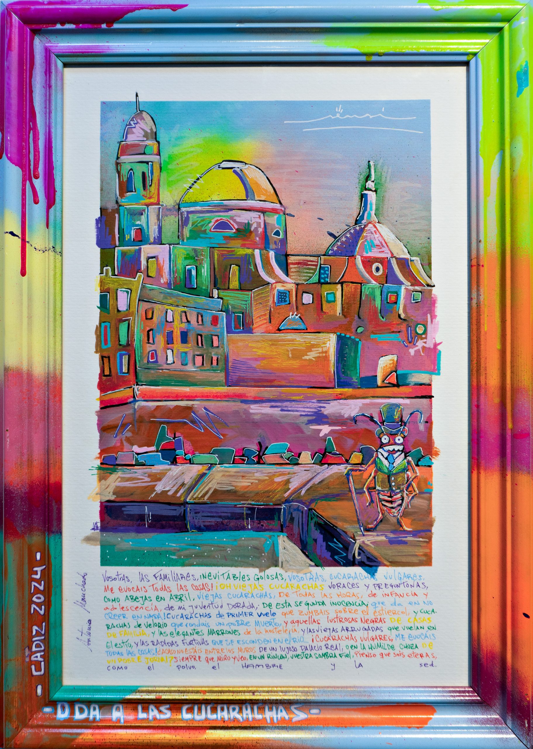 Pintura contemporánea con texto poético de Antonio Machado, personajes simbólicos en el proyecto SENSI