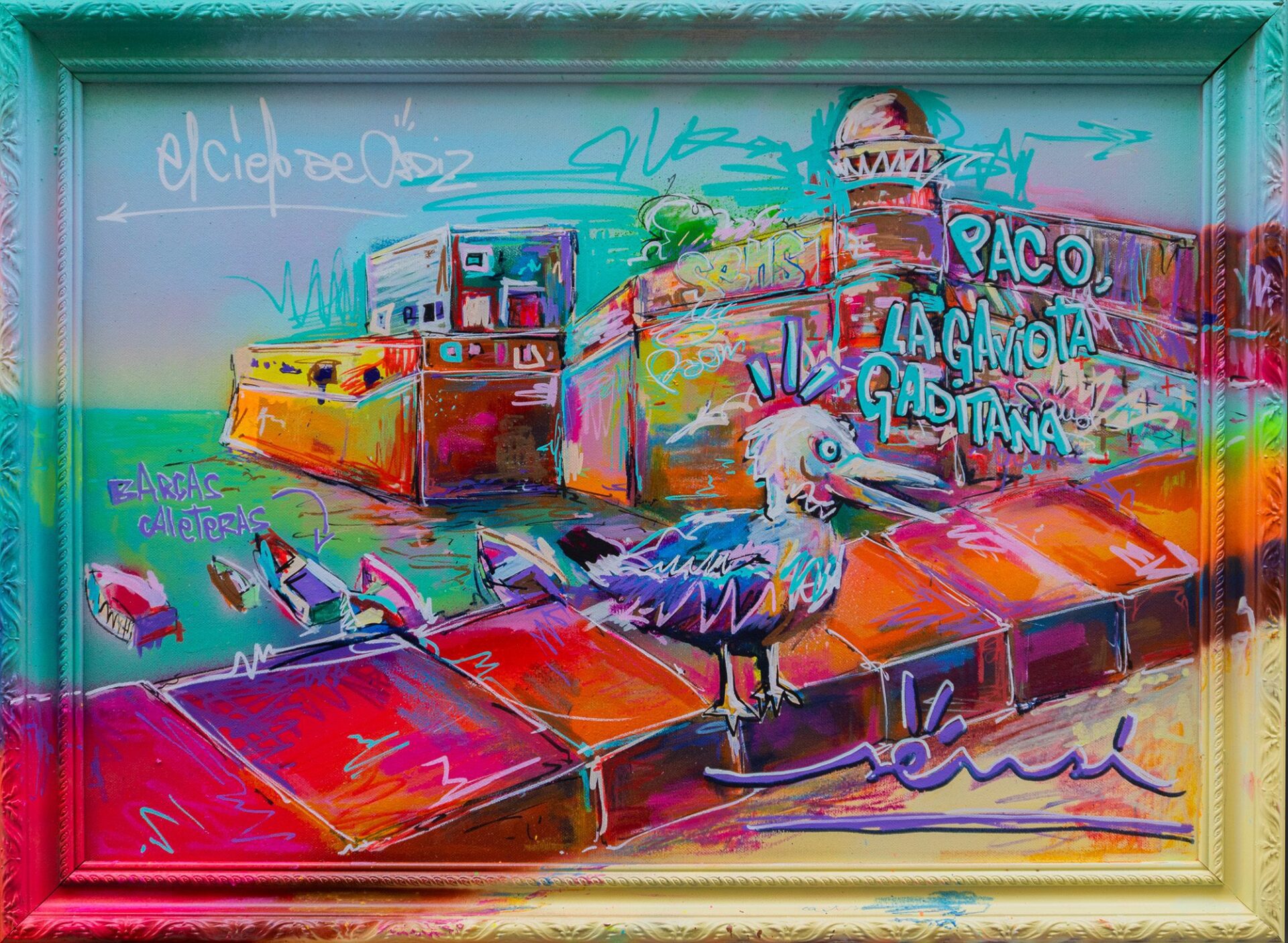 Retrato urbano de Paco la Gaveta Gaditana en pintura contemporánea, personaje popular del proyecto SENSI