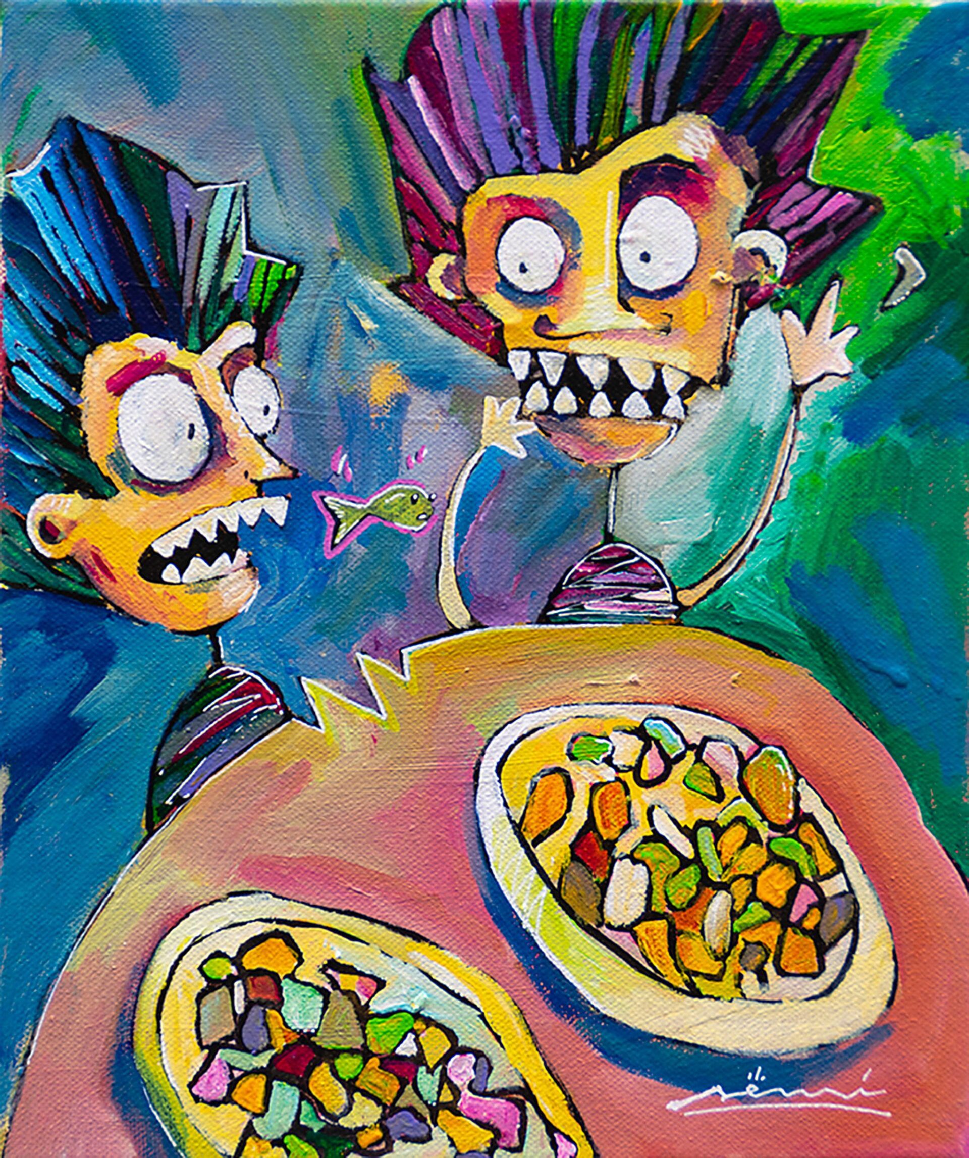Escena cotidiana de personajes comiendo pescadito frito en Cádiz, pintura contemporánea del proyecto SENSI