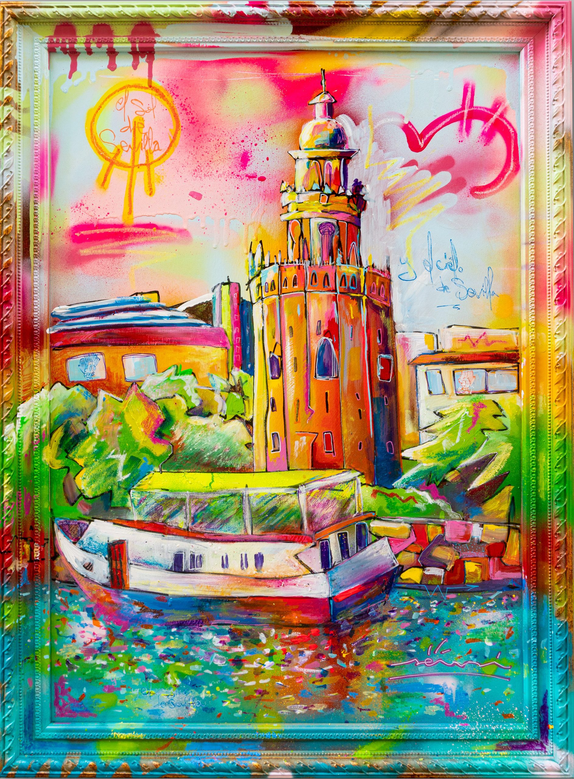 Pintura contemporánea de la Torre del Oro de Sevilla reinterpretada desde la arquitectura urbana, proyecto SENSI
