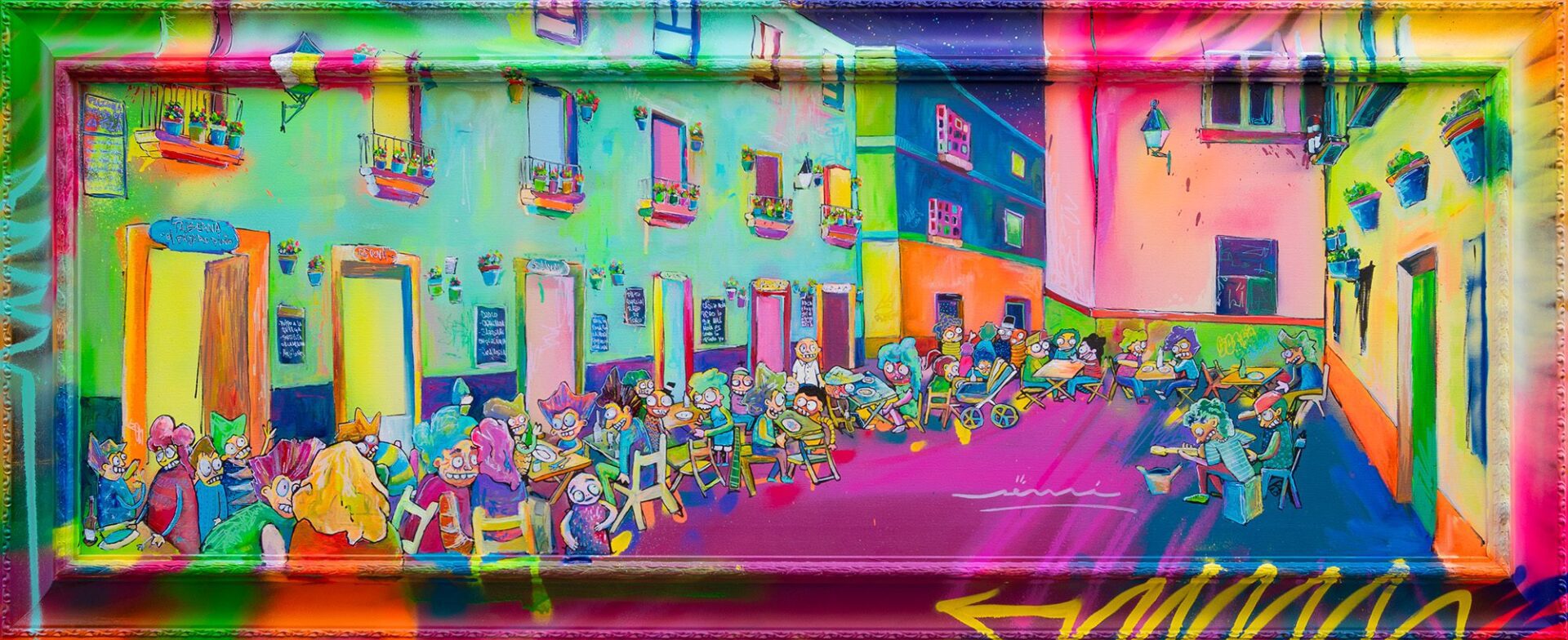 > Personajes en terraza nocturna de Cádiz en pintura contemporánea, música y vida urbana en el proyecto SENSI
