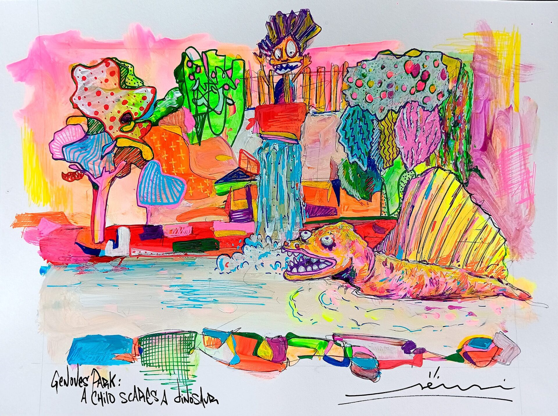 Escena figurativa en el Parque Genovés de Cádiz con personajes simbólicos, pintura contemporánea del proyecto SENSI