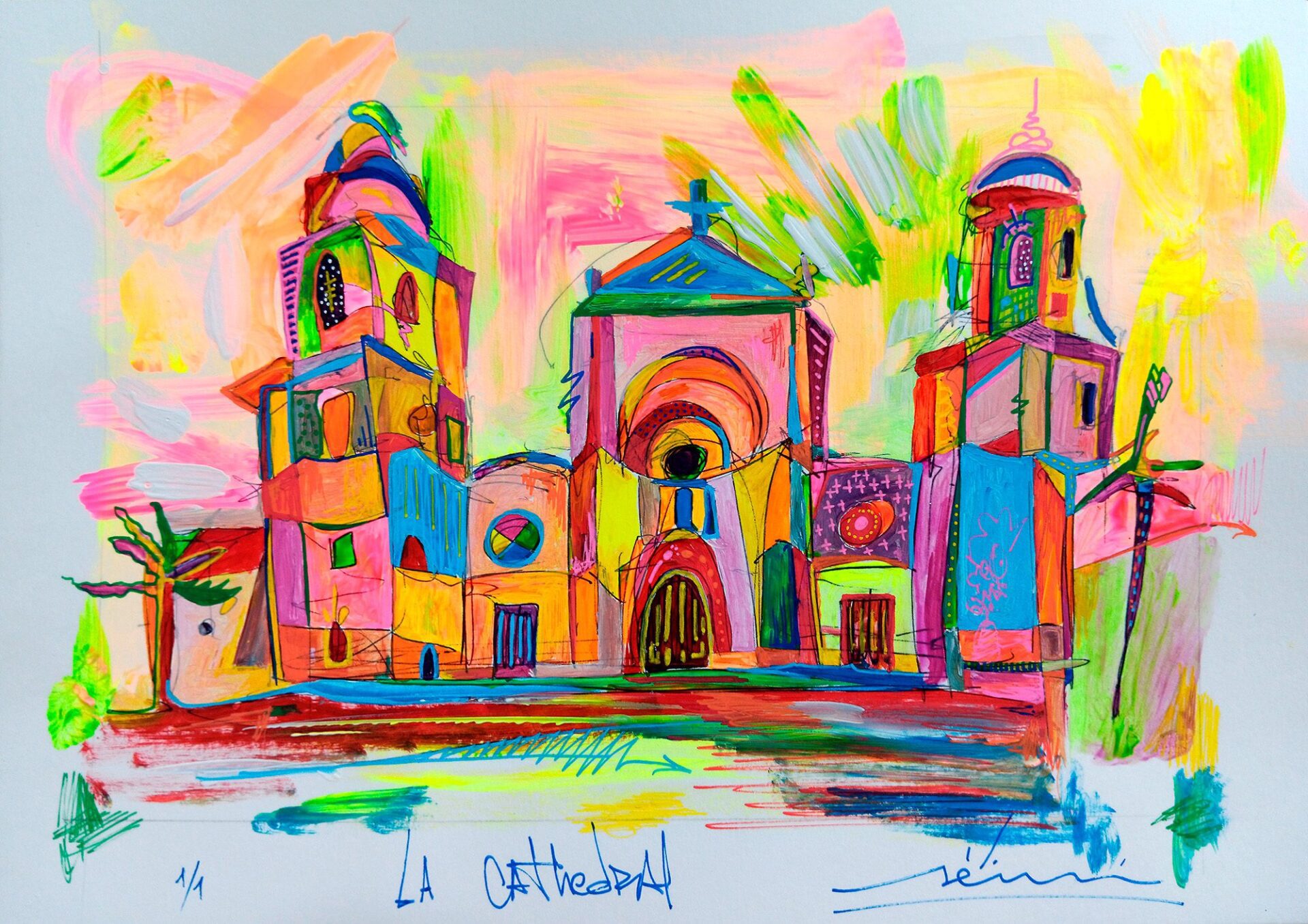 Ilustración contemporánea de la portada de la Catedral de Cádiz en papel, proyecto SENSI