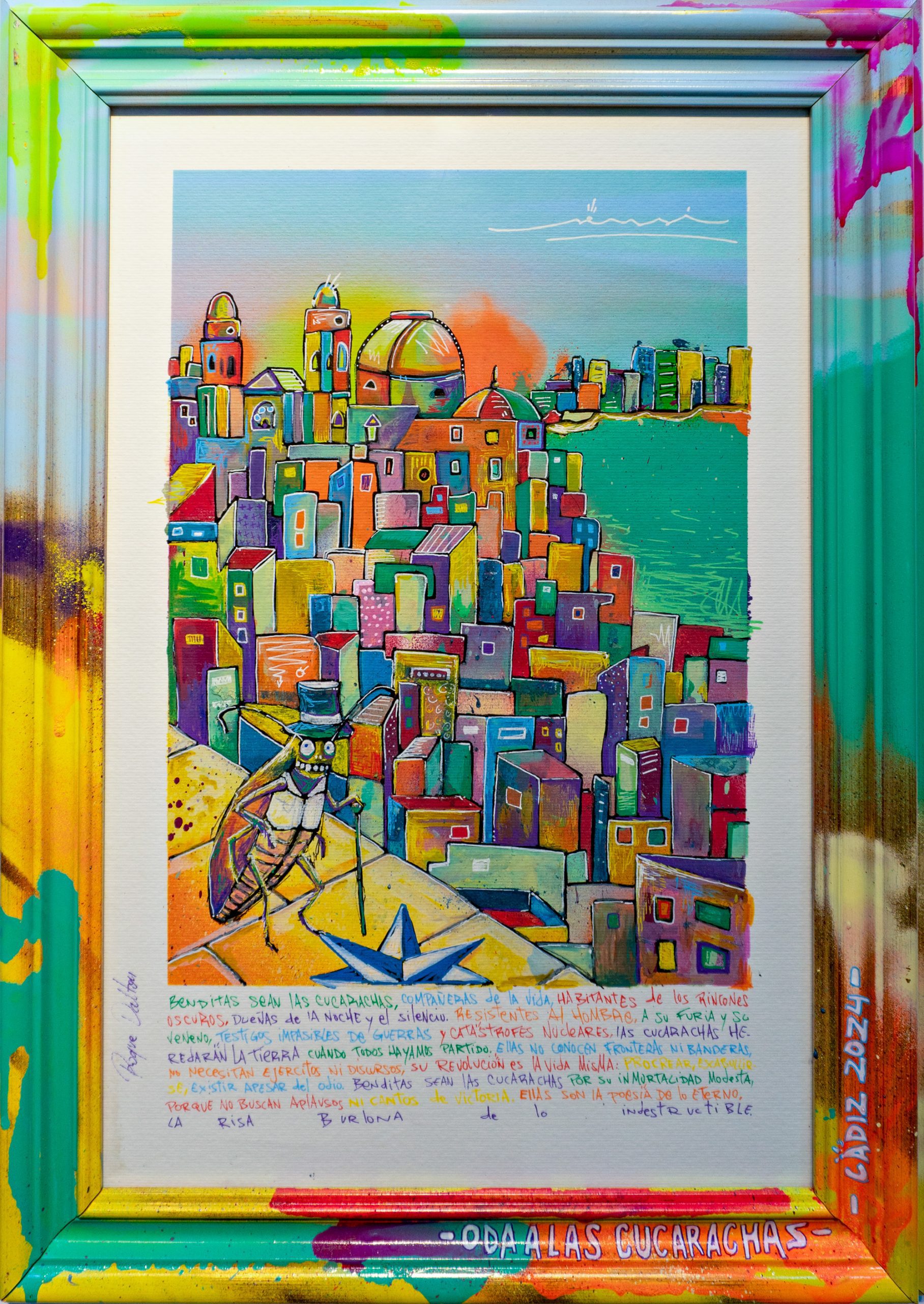 Pintura contemporánea con texto de Roque Dalton, personajes simbólicos y poesía en el proyecto SENSI