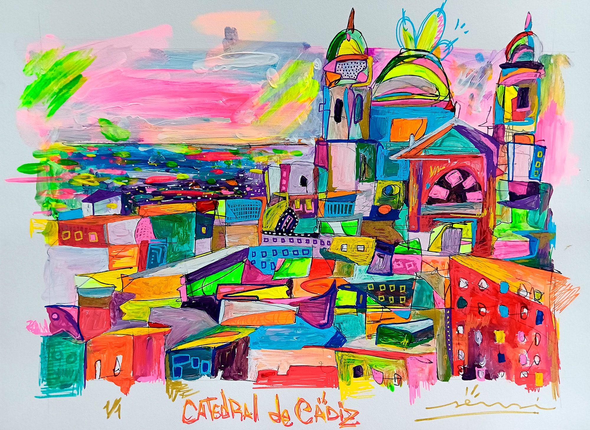 Dibujo expresivo de la Catedral de Cádiz en papel, proyecto Proceso y papel SENSI