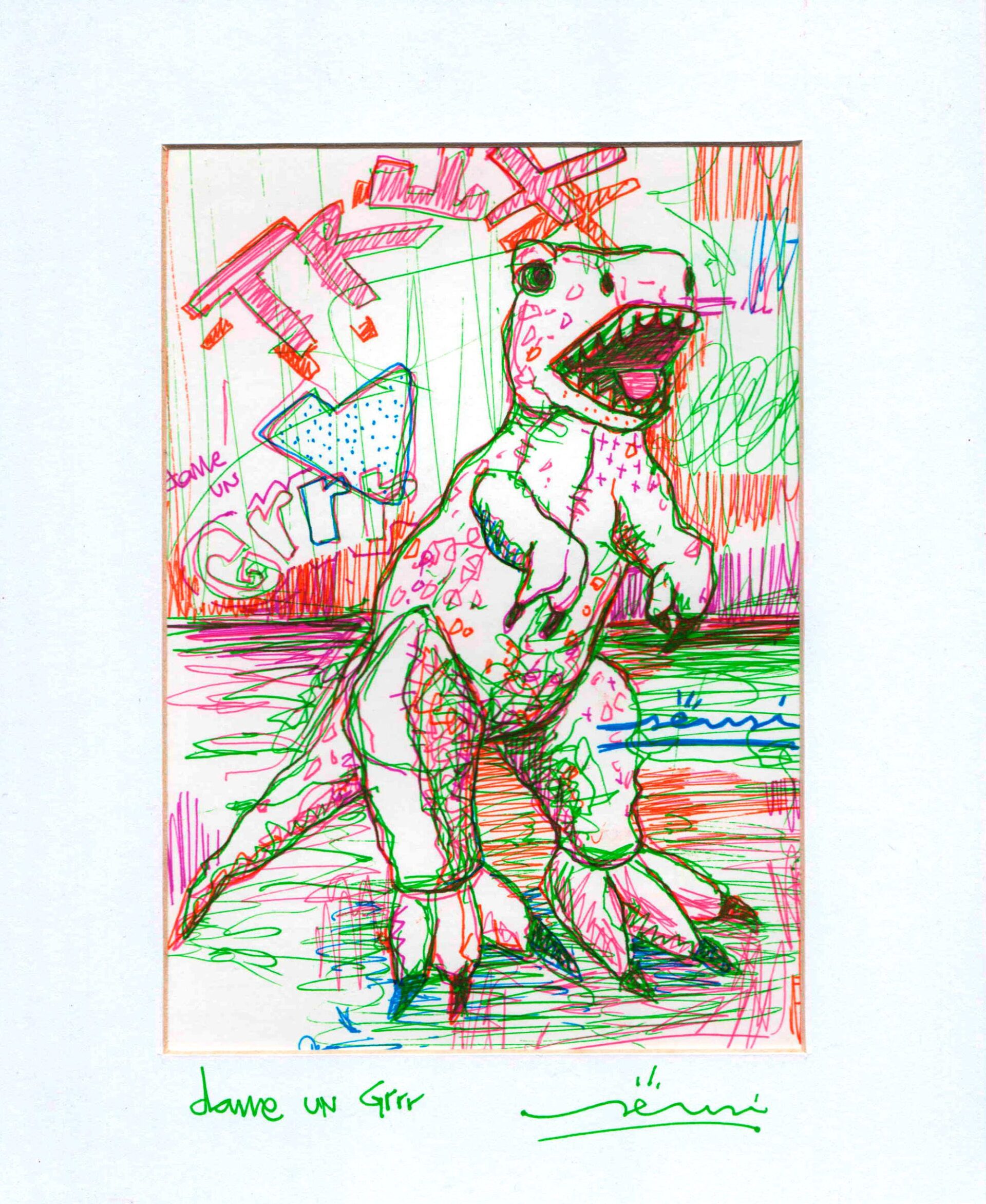 Ilustración de dinosaurio T-Rex con referencia urbana, dibujo en papel proyecto SENSI