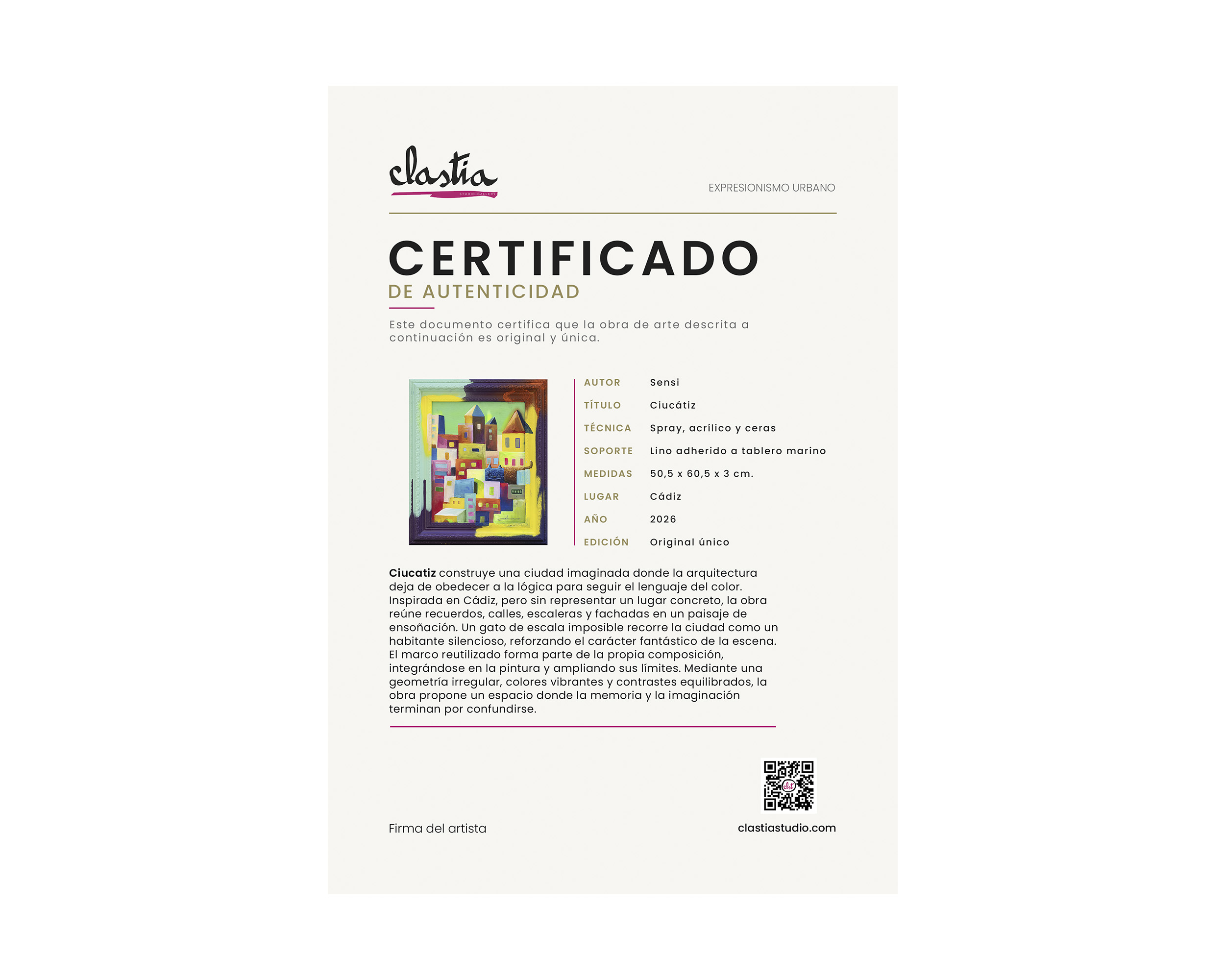 CIUCATIZ es un cuadro original de sensi inspirado en las torres mirador de cádiz. CERTIFICADO DE ORIGINALIDAD