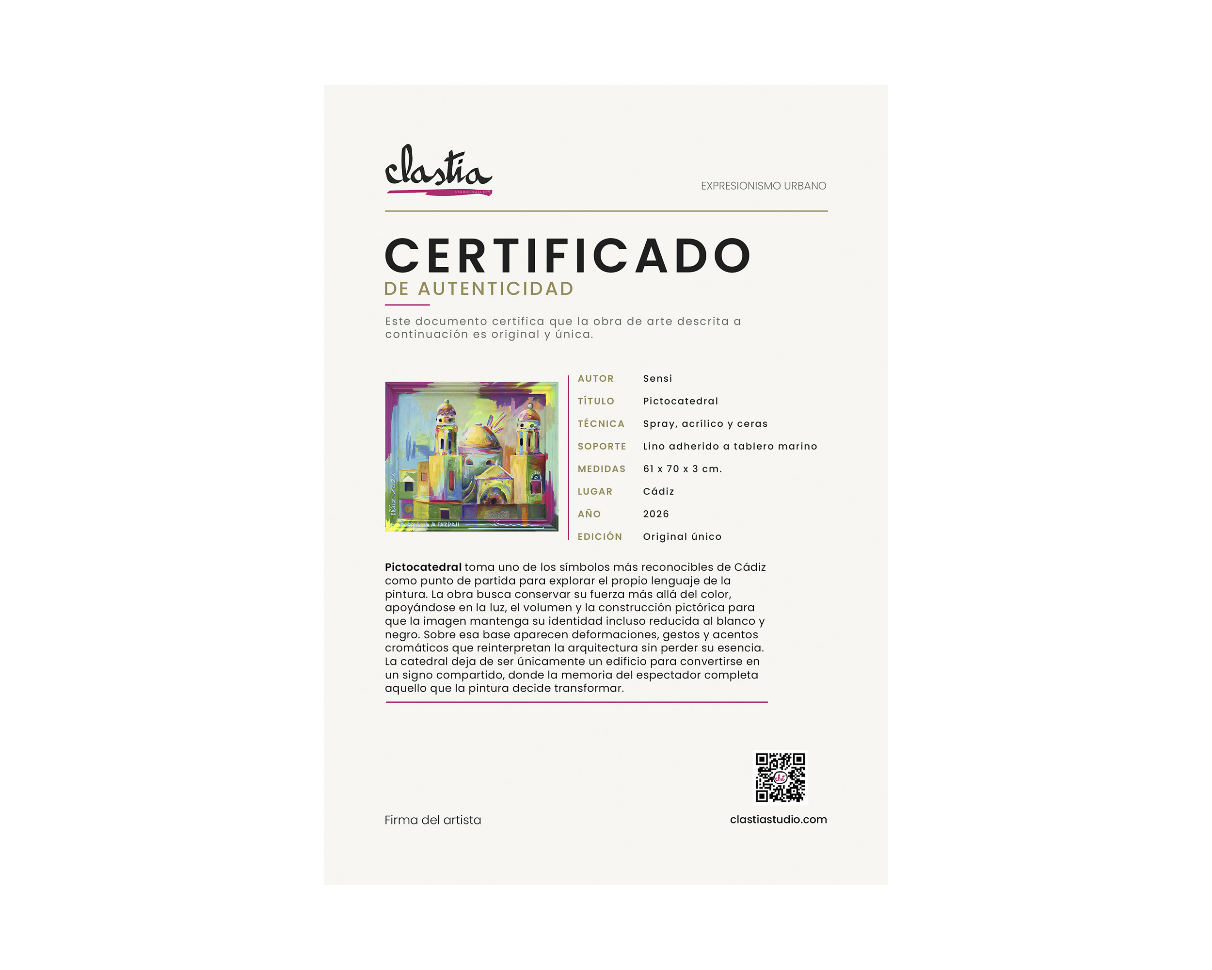 Pictocatedral, un cuadro original de sensi inspirado en la catedral de Cádiz y que combina clasicismo y lenguaje urbano. Certificado de autenticidad