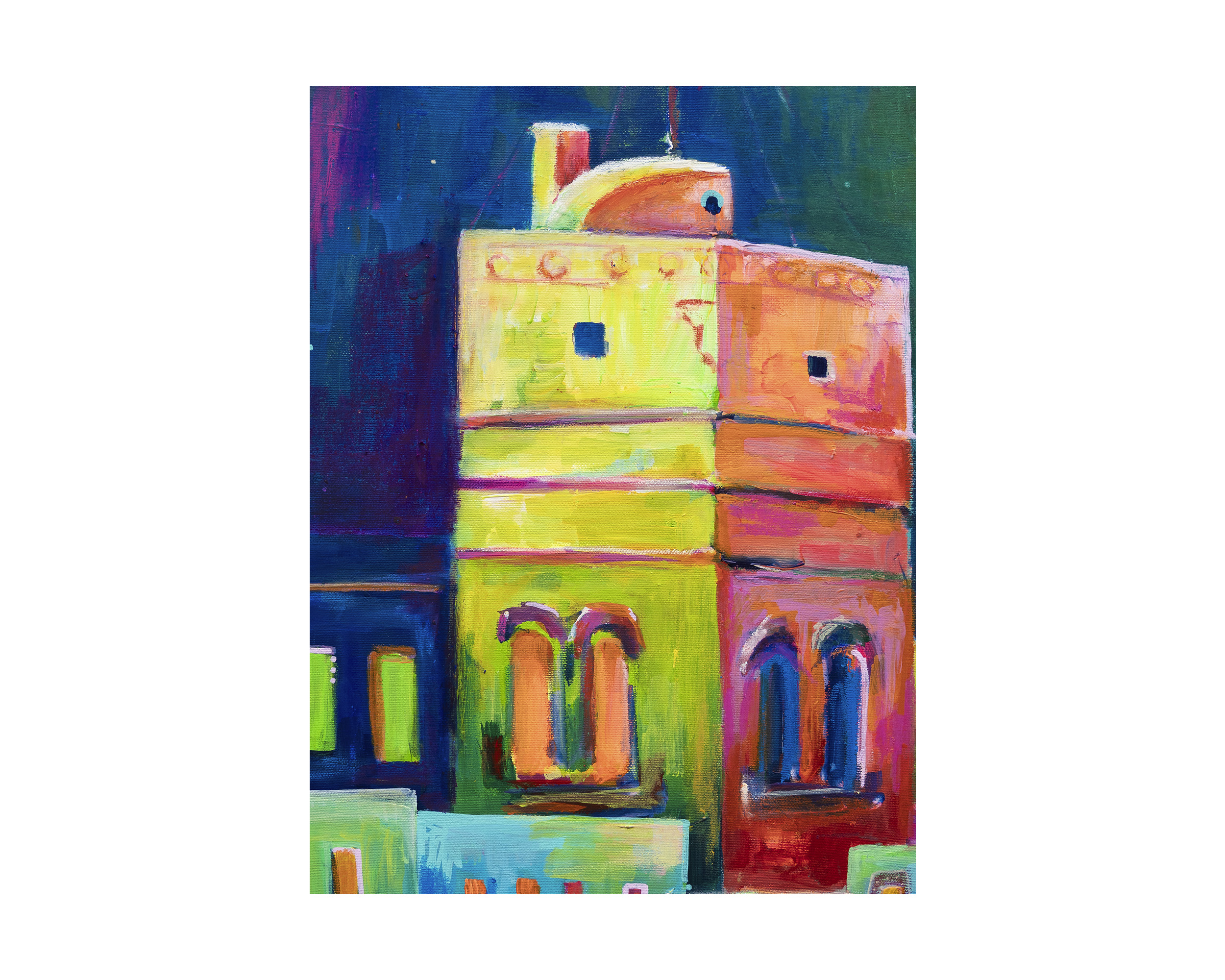 Torre tavira noche es un cuadro original pintando por sensi en Cádiz. Detalle