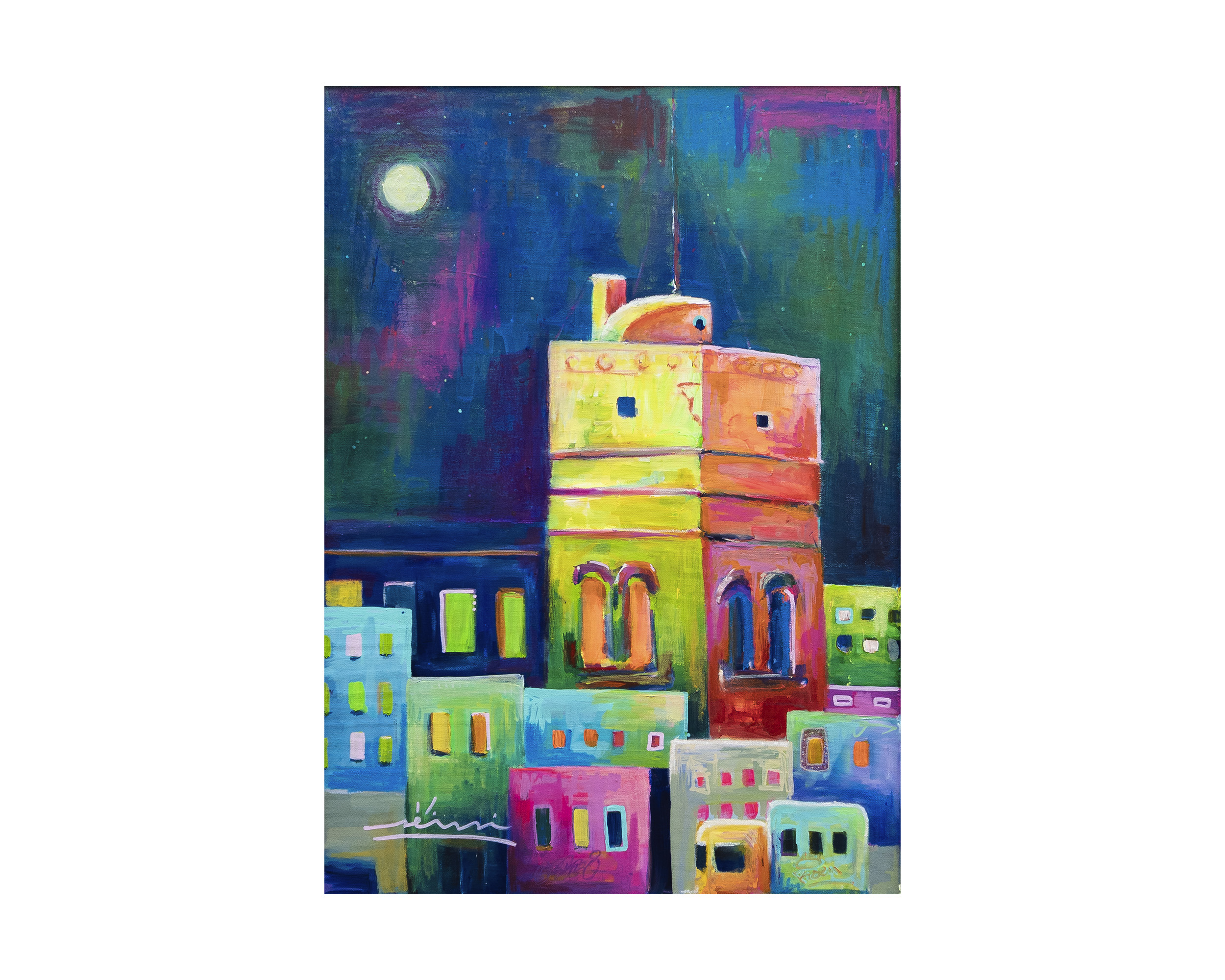 Torre tavira noche es un cuadro original pintando por sensi en Cádiz. sin marco